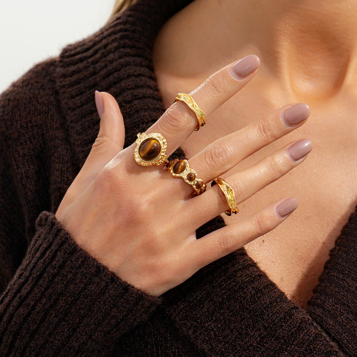 欧美跨境饰品 美拉德复古虎眼石开口戒指 个性高级感熔岩太阳指环