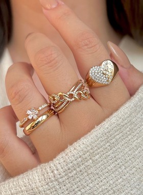 欧美跨境饰品 ins甜美镂空爱心戒指4件套 几何不规则镶钻花朵指环