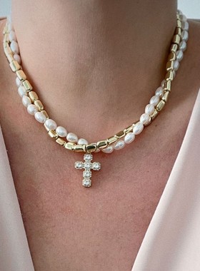 欧美跨境巴洛克仿珍珠项链女小众轻奢高级感镶钻十字架吊坠锁骨链