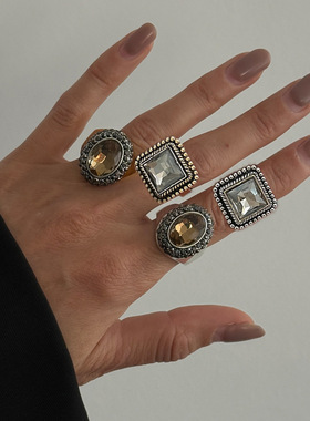 欧美跨境饰品 小众设计感镶钻方形开口戒指 复古个性可调节指环戒