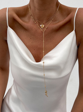 欧美风饰品时尚玫瑰花合金吊坠特密项链高级感性感珍珠Y型锁骨链