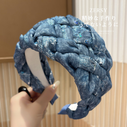 牛仔蓝亮片宽边遮碎发高颅顶发箍