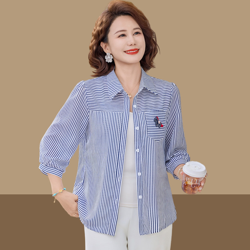 妈妈装时尚七分袖条纹衬衫女中老年宽松百搭减龄上衣大码翻领衬衣
