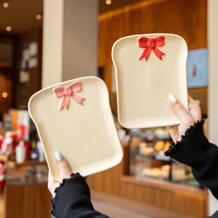 粉嫩陶瓷釉下彩蝴蝶结方盘 吐司盘平盘下午茶点心盘蛋糕盘面包盘