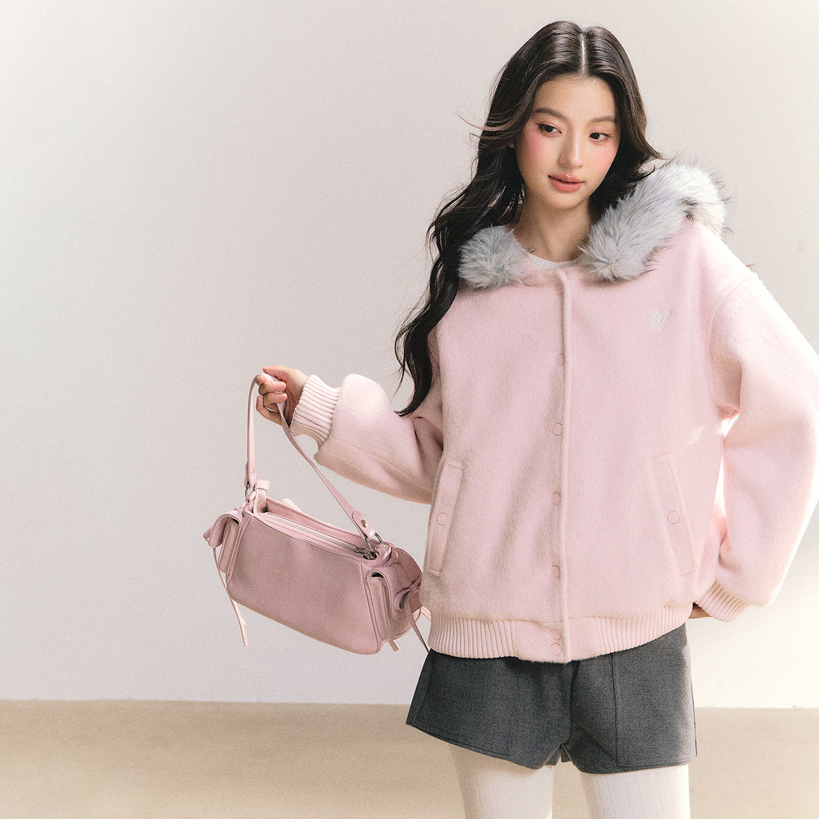 ANDN【粉桃倾呢】连帽大毛领夹棉毛呢子外套冬女棉服棒球服加厚