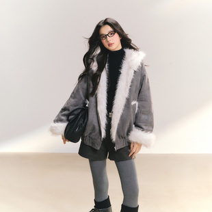 ANDN【灰色信栈】大毛领麂皮绒飞行夹克棉服冬女厚外套环保毛皮草