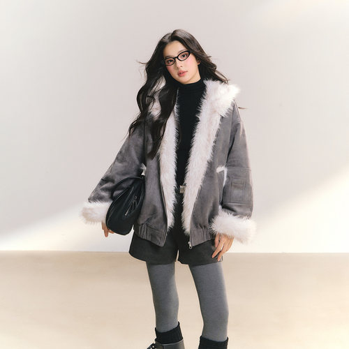 ANDN大毛领麂皮绒飞行夹克棉服