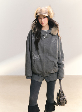 ANDN【鎏光闪迹】连帽夹棉小狗印花卫衣座山雕外套加绒保暖女棉服