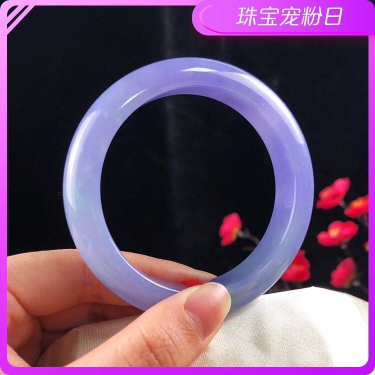 多欢喜天然翡翠手镯阳绿飘花紫罗兰冰种玻璃种贵妃圆条正圈玉镯子