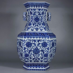 柴窑 青花 缠枝莲贯耳瓶 尊 六方瓶 居家装饰陶瓷工艺品