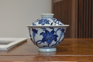 柴窑青花 百合花盖碗 赏瓷论语 立明堂