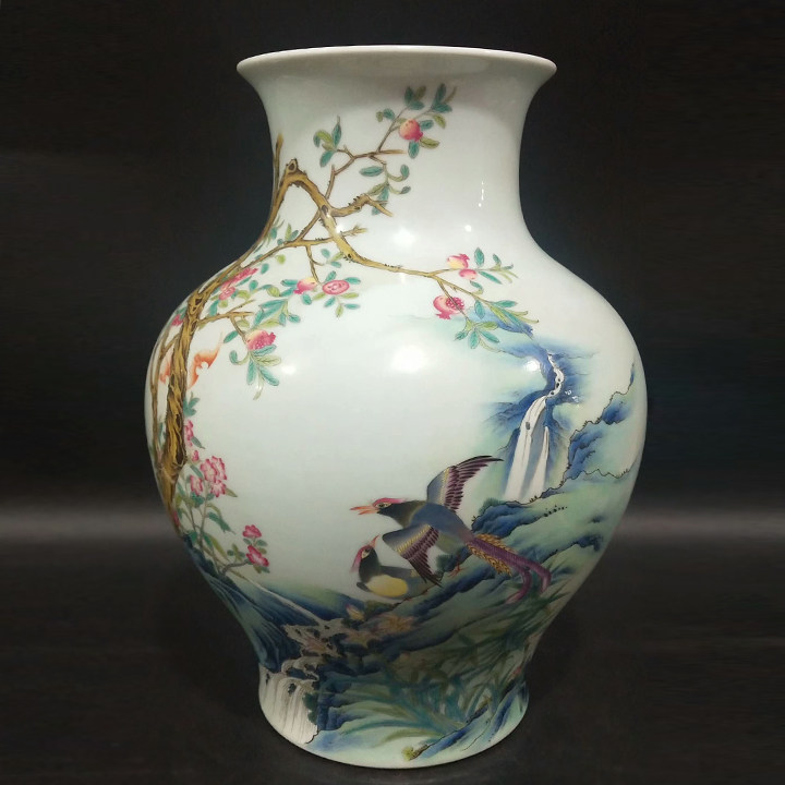 老师傅陶瓷 精品粉彩花鸟花瓶 竹石洪福 石榴尊 家居摆件装饰花器