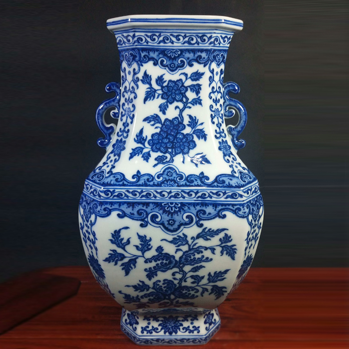 柴窑青花瓶 四方瓶 双耳尊 瓷器 摆件