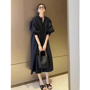 法式赫本风泡泡袖连衣裙女夏季大码胖mm宽松显瘦遮肚茶歇气质长裙