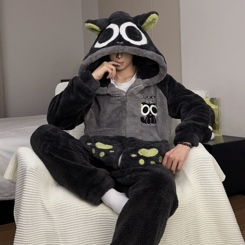 珊瑚绒睡衣男士秋冬季加绒加厚青少年款法兰绒卡通学生家居服套装