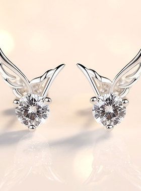 925纯银翅膀耳钉女防过敏简约百搭2019新款潮个性学生耳环耳饰