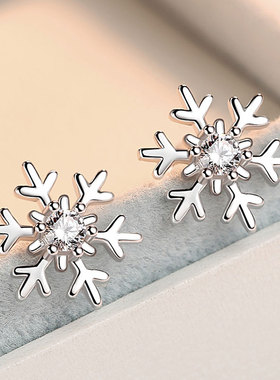 925纯银雪花耳钉女士2018新款气质简约百搭个性学生防过敏耳环
