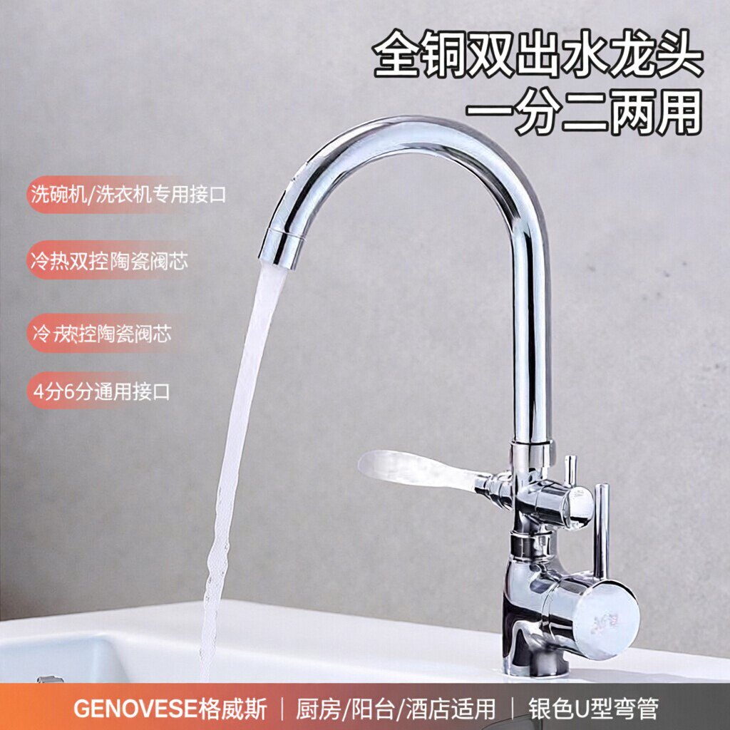 厨房全铜双出水水龙头一分二两用可洗碗机洗衣机龙头面盆双出龙头