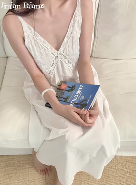 有机棉蕾丝V领吊带睡裙连衣裙
