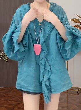 大码休闲慵懒风拼接荷叶边V领衬衫女装韩版宽松显瘦蓝色长袖上衣