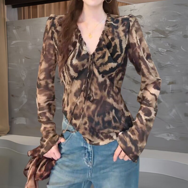 时尚复古风豹纹系带V领长袖衬衫女装气质修身显瘦薄款休闲上衣服