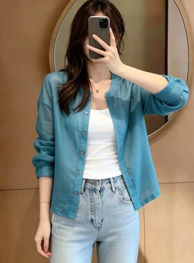 极简风休闲百搭圆领蓝色衬衫女春夏季休闲风大码亲肤透气长袖衬衣