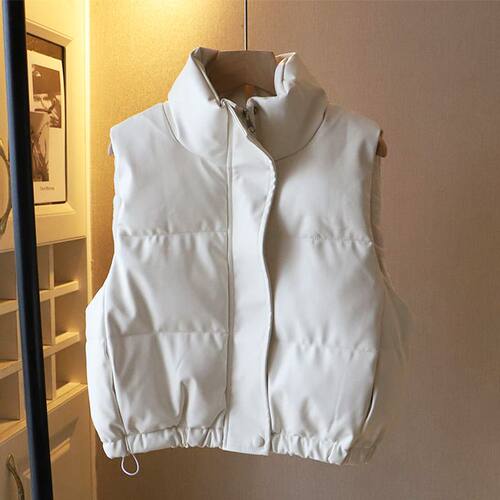 简约立领拉链PU皮羽绒棉服马甲女胖MM高级感纯色百搭休闲无袖外套