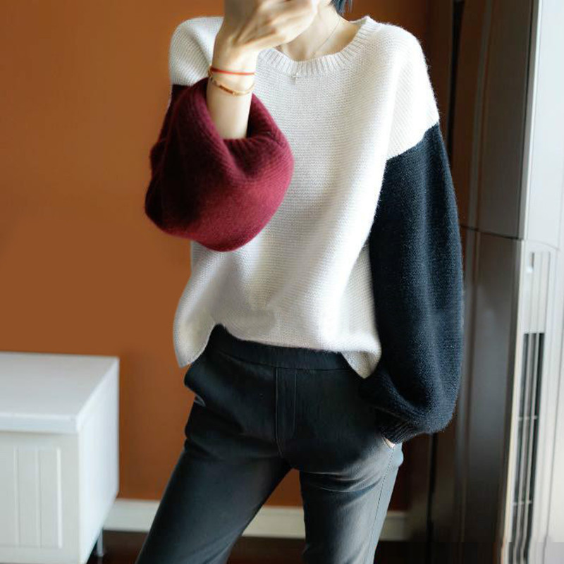 软糯喇叭袖米白色圆领羊绒毛衣