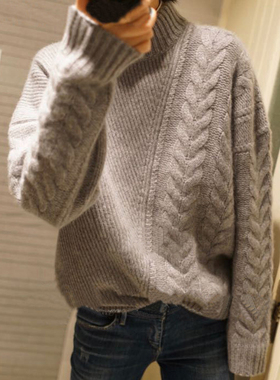 好看爆表 漂亮的不对称麻花设计 羊绒衫双层半高领灰色纯羊绒毛衣