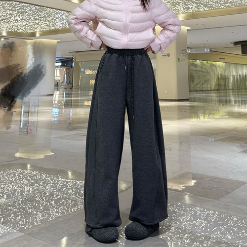 【恩佳专享】加绒加厚糯米绒秋冬新款美式拖地弯刀阔腿长裤A806
