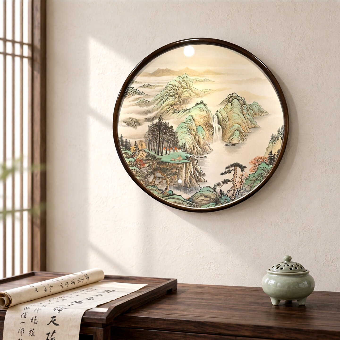实木中式圆形画框书画十字绣钻石画装裱框客厅装饰挂墙木质圆相框