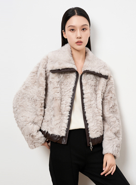 HIGHDAY轩日复古风皮毛一体外套2025秋冬拼接翻领宽松保暖上衣女