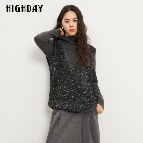 HIGH DAY/轩日叠穿神器小香风马甲2026春秋黑闪丝宽松V领外搭背心