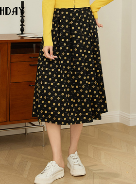 highday轩日商场同款2025春秋新款高腰a字半身裙女花朵印花中长裙