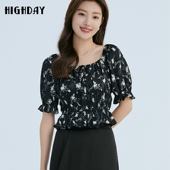 木耳边短袖 轩日2024夏装 衬衣潮 女商场款 垂顺短款 新款 印花雪纺小衫