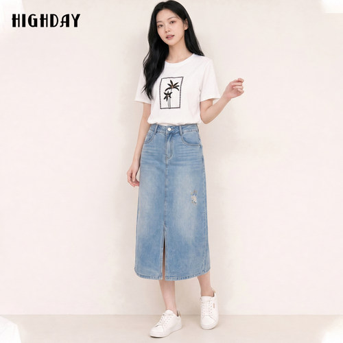 highday轩日商场同款夏季新款经典开叉牛仔裙2026夏水洗高腰A字裙