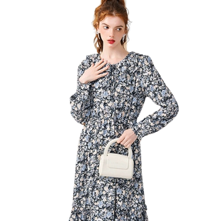 highday轩日春秋收腰显瘦女裙油画感碎花长袖娃娃领系带连衣裙ins