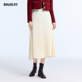 highday轩日半身裙2025春季 新品 简约高腰米白色A字中长百褶裙