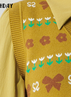 highday轩日2025春秋新款V领花朵图案针织背心女短款LT01CE31040