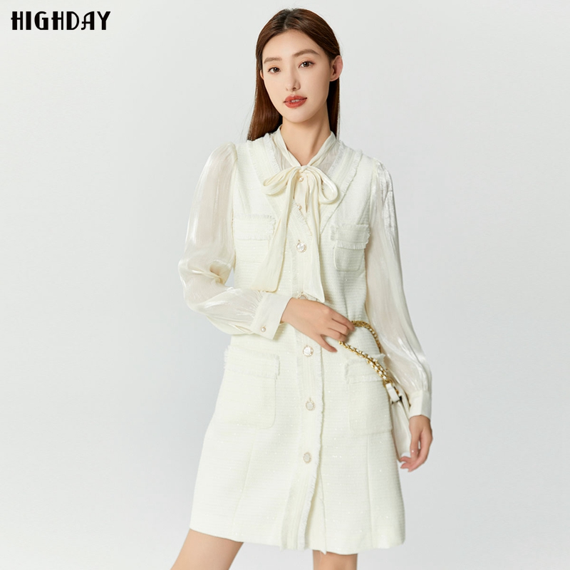 轩日小香风白色系带连衣裙