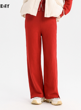 highday轩日2024冬季商场同款高腰休闲裤女红色开叉长裤子运动裤