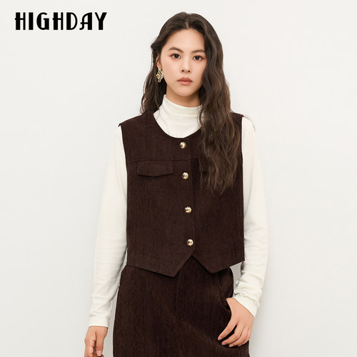 HIGH DAY/轩日复古简约短款马甲2026秋季假口袋无袖叠穿背心女