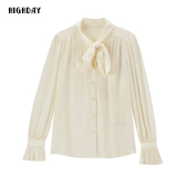 highday轩日2025春秋商场新款 ins 衬衫 女装 优雅蝴蝶结系带纯色长袖