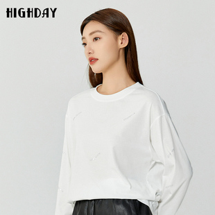 T恤潮 中长款 highday轩日2025春秋新款 打底白色上衣女贴钻宽松长袖