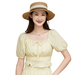 highday轩日2026夏季新款大领口镂空短款上衣女荷叶边短袖衬衣ins