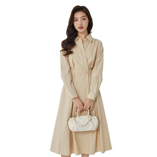 轩日春装修身通勤衬衫裙2024新款纯色气质翻领法式过膝长袖连衣裙