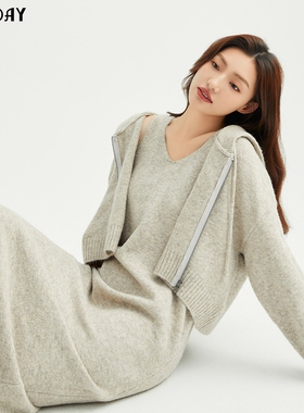 highday轩日2025春秋新款V领无袖针织裙女简约休闲中长款连衣裙潮