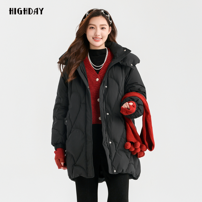 轩日黑色中长款宽松羽绒服