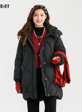 highday轩日24冬季新款连帽90白鸭绒外套女黑色中长款宽松羽绒服