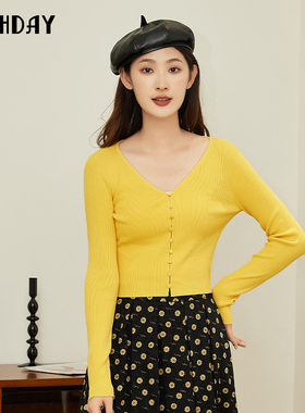 轩日商场同款highday2025春秋新款修身优雅v领长袖针织毛衫女上衣
